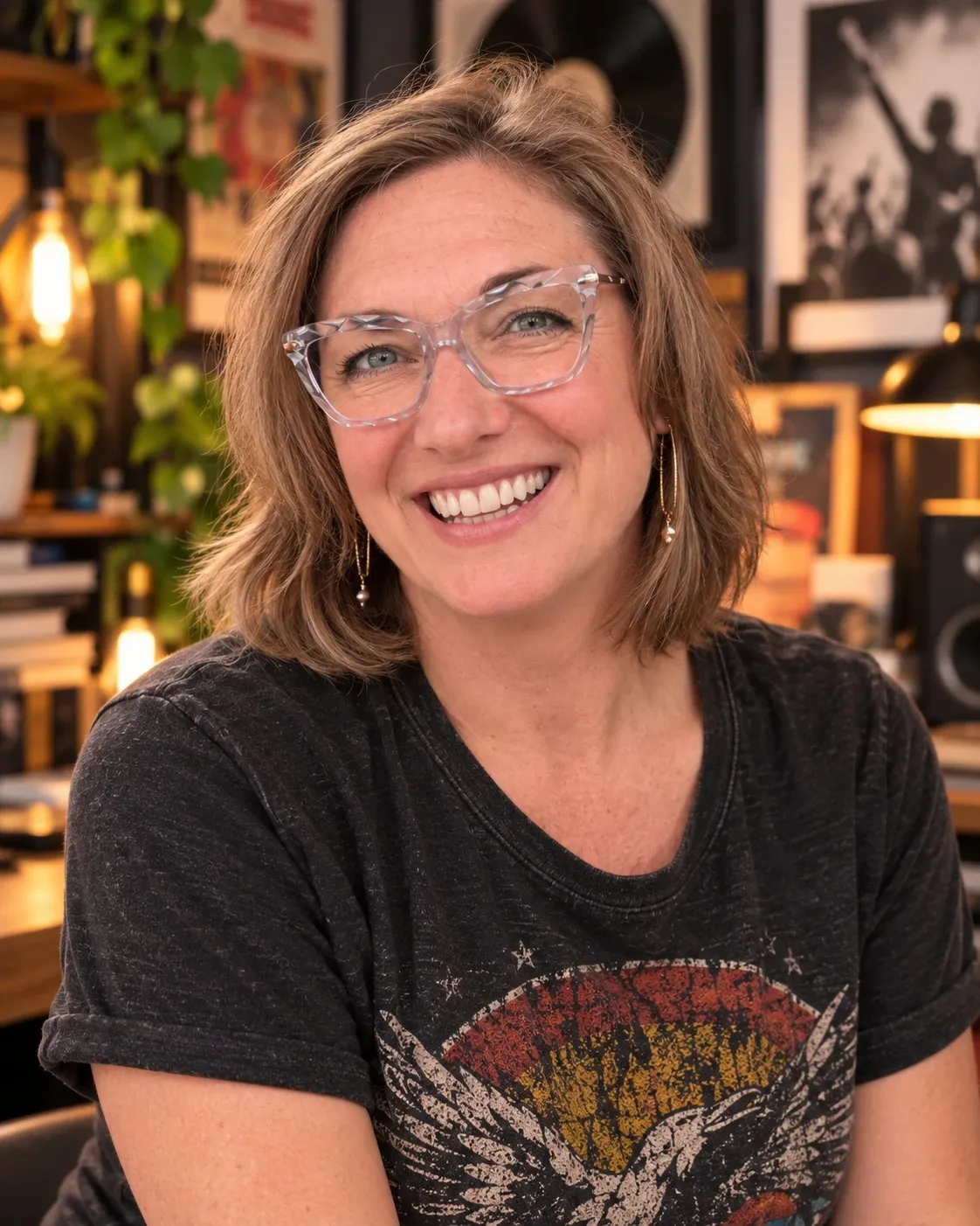 Georgia smiling in clear cat-eye glasses and a vintage eagle T-shirt, in a cozy studio with records and warm lights