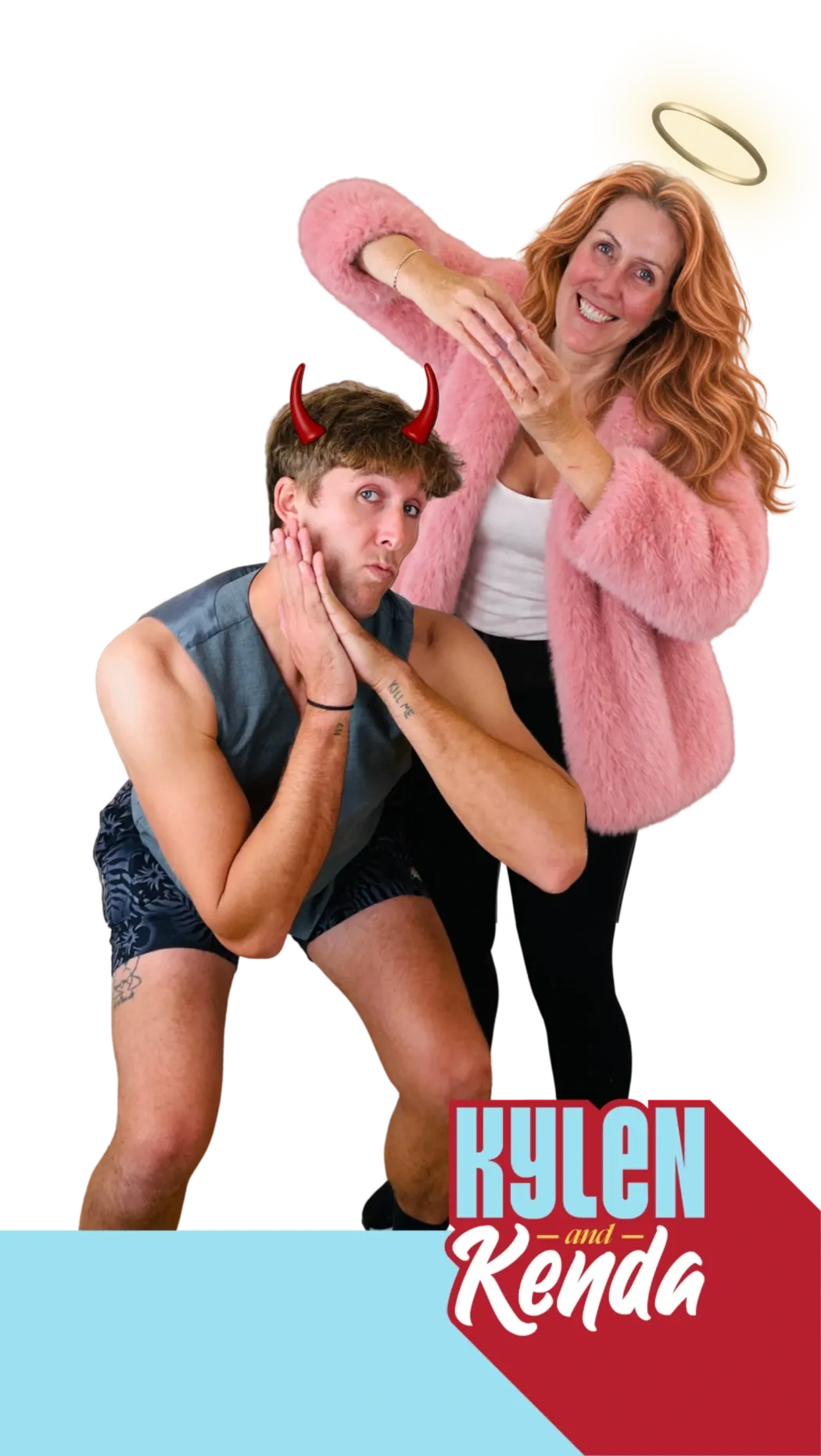 Kylen in devil horns, hands pressed to his cheek, and Kenda in a pink fur coat with a halo above her head, with the Kylen and Kenda logo in the corner
