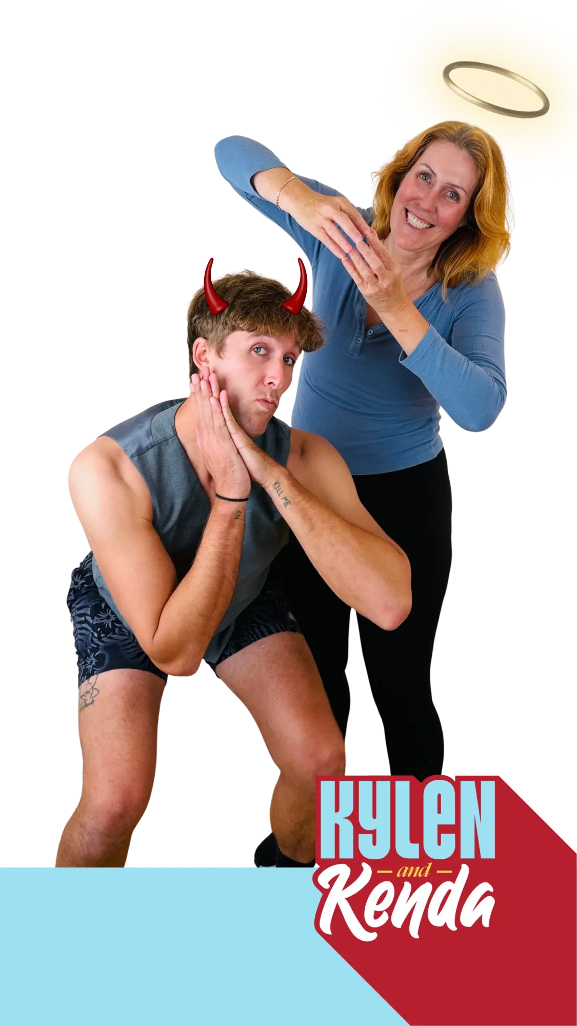 Kenda in a halo and Kylen in devil horns, hamming it up