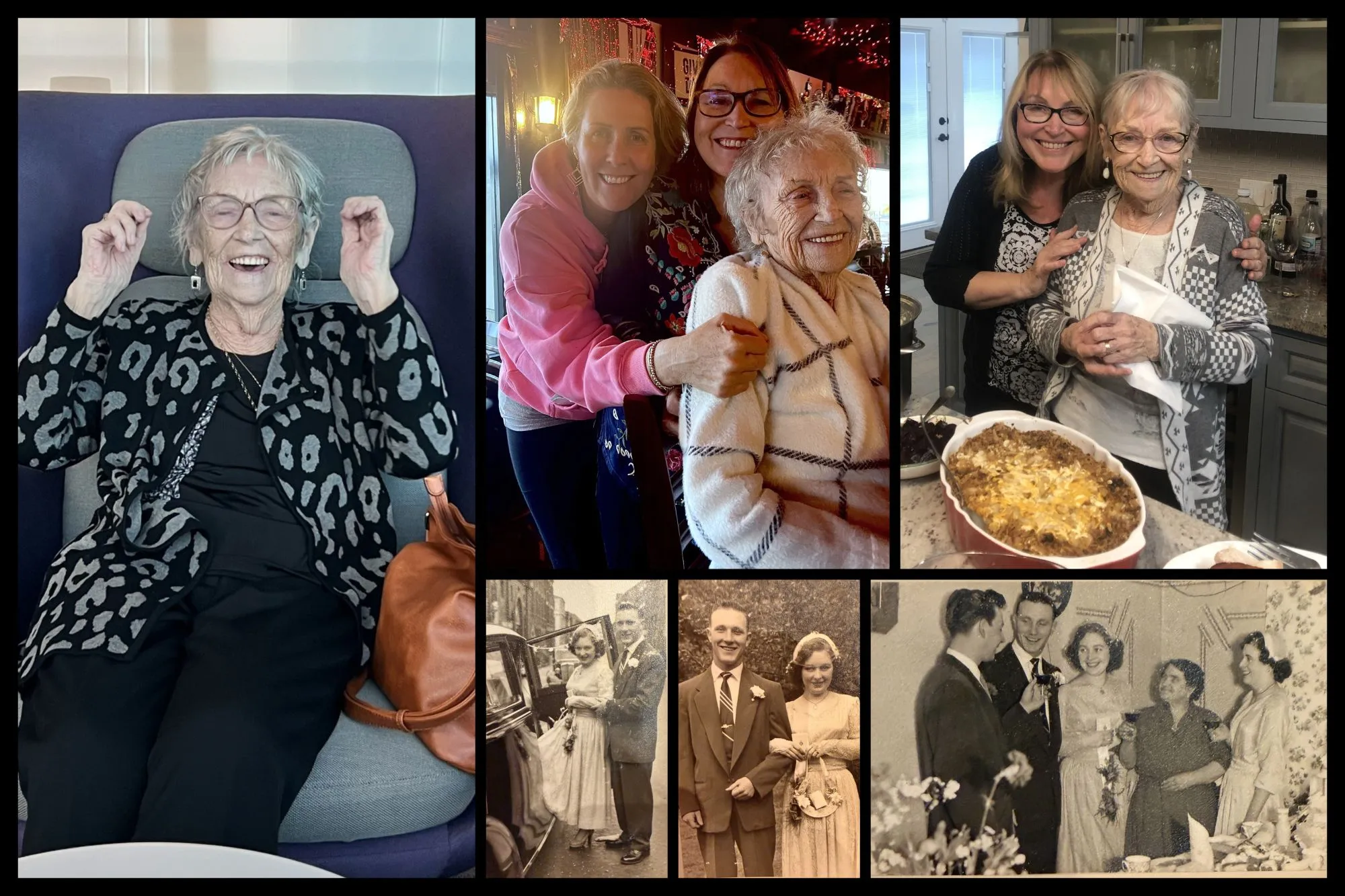 A collage of six photos of Kenda's grandmother: laughing with her fists up in a leopard print cardigan, hugging family in a pub and in a kitchen, and three old black and white wedding photos