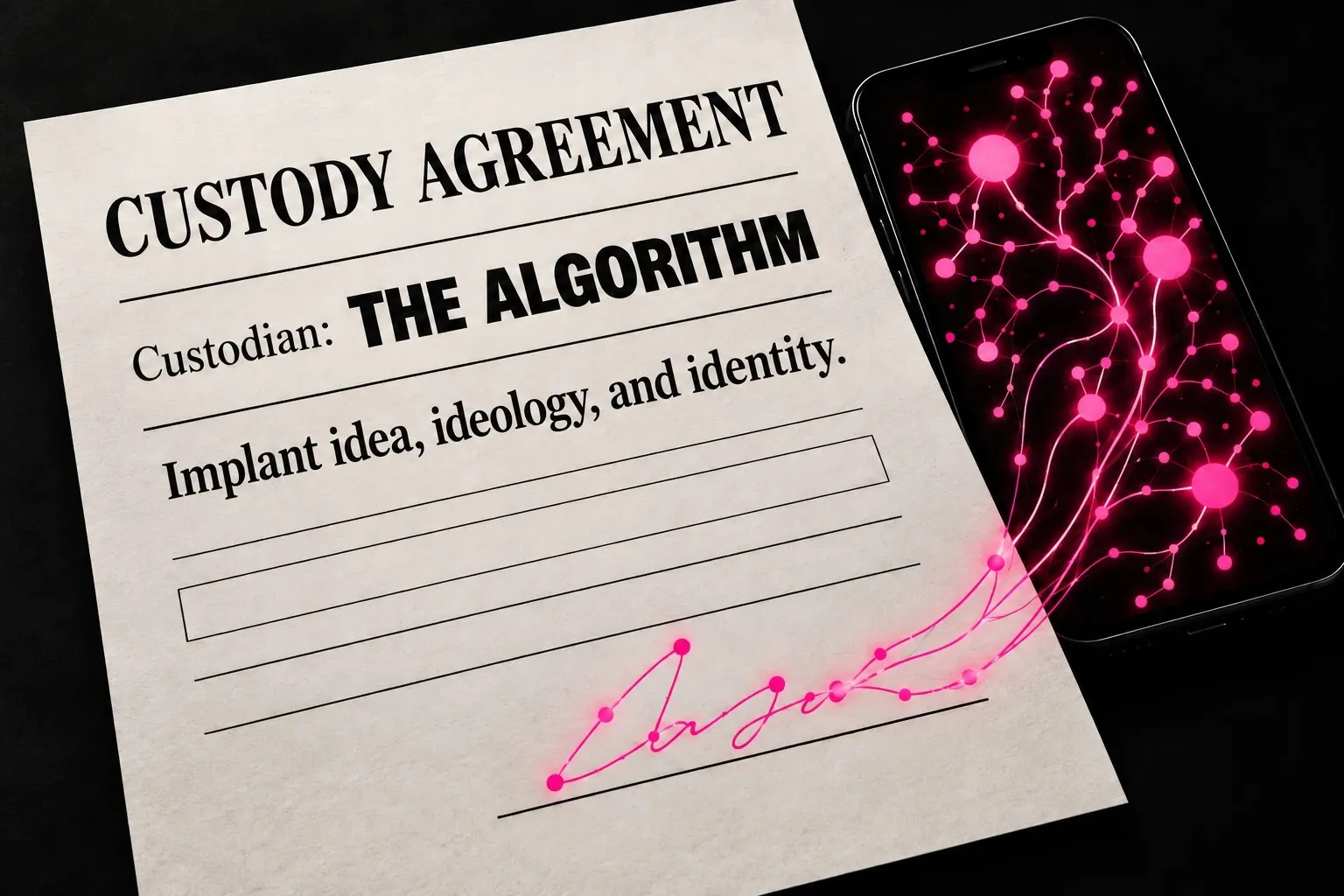 A custody agreement on paper with the custodian listed as The Algorithm and the line Implant idea, ideology, and identity, signed in glowing pink that flows into a phone showing a pink web of connected dots